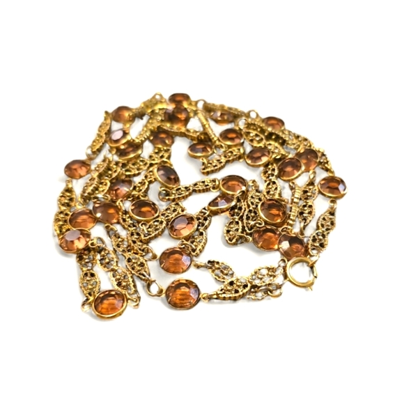 RARE 1930's Vintage Gold Tone Engraved Chain Necklace with 30 Topaz Crystals. - Picture 7 of 10